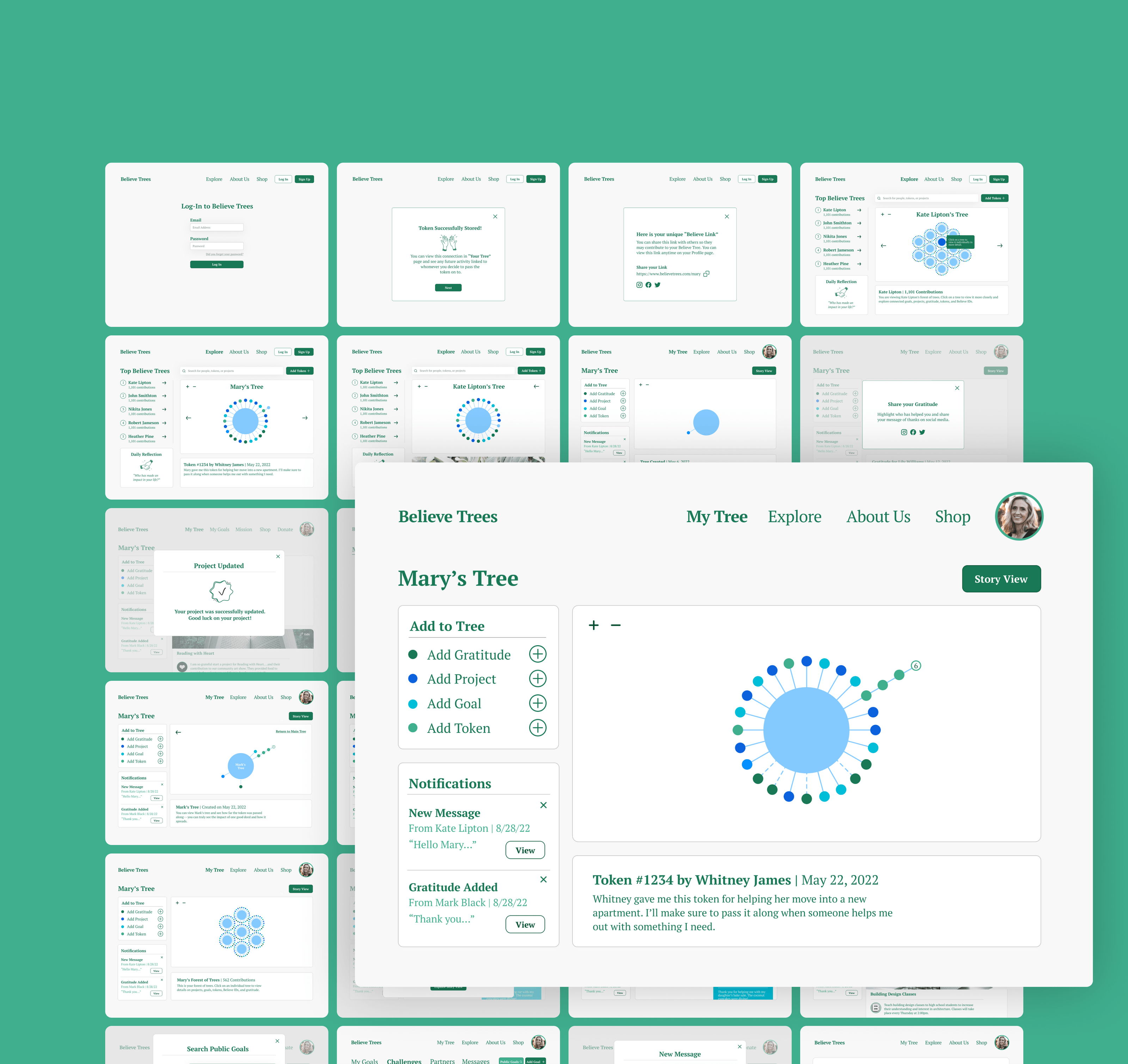 A photo showing a screenshot of the Believe Trees web application in front of a green background.
